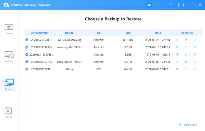 Mobitrix WhatsApp Restore - Choose Backup to Restore Android 
