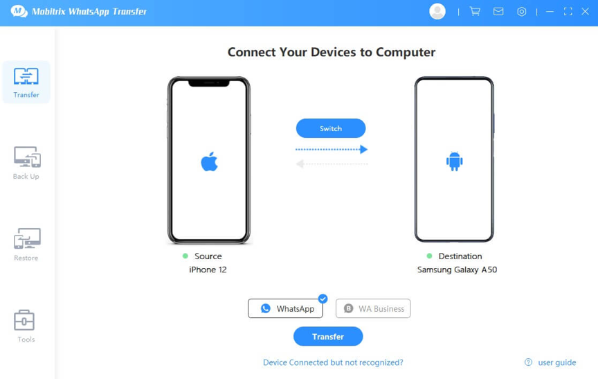 Mobitrix WhatsApp Transfer - Connect device to Computer